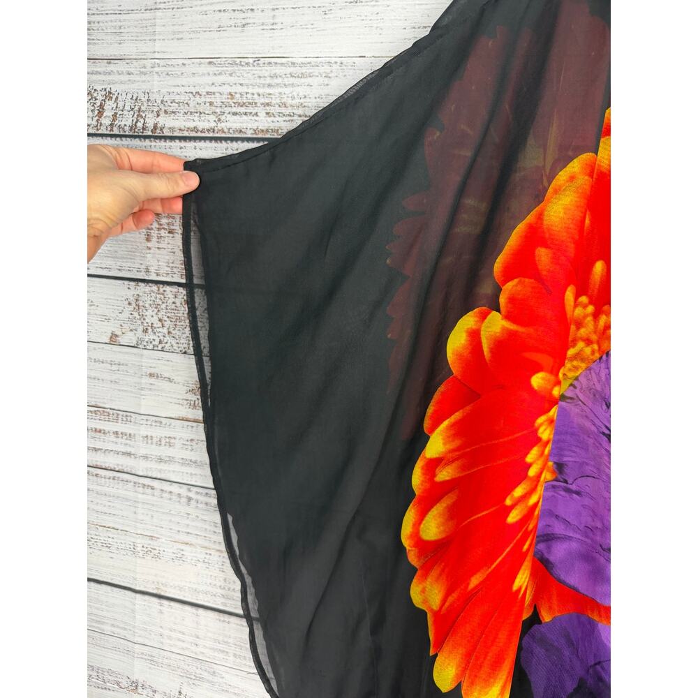 Susan Graver Black Floral Sheer Poncho Blouse Coverup Size 2X Purple Red Flowers - Picture 2 of 7